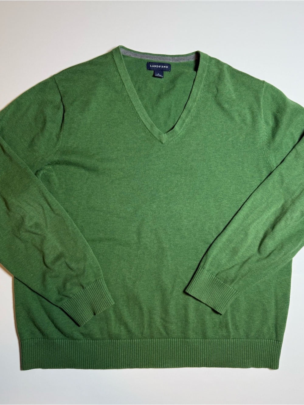 Lands' End Men's Green Knit 100% Cotton V-Neck Pullover Sweater Long Sleeve L